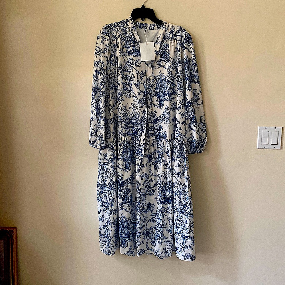 Long sleeve v neck retro flower print dress